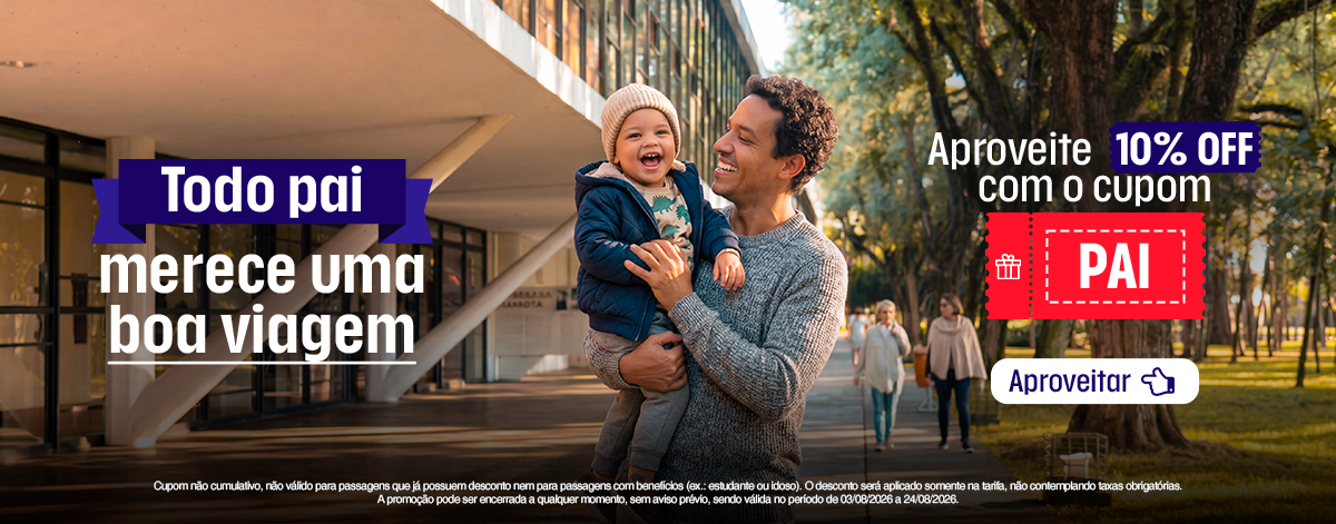 Campanha de Dia dos Pais da Expresso Luxo com pai e filho e cupom PAI para 10% de desconto em passagens de ônibus.
